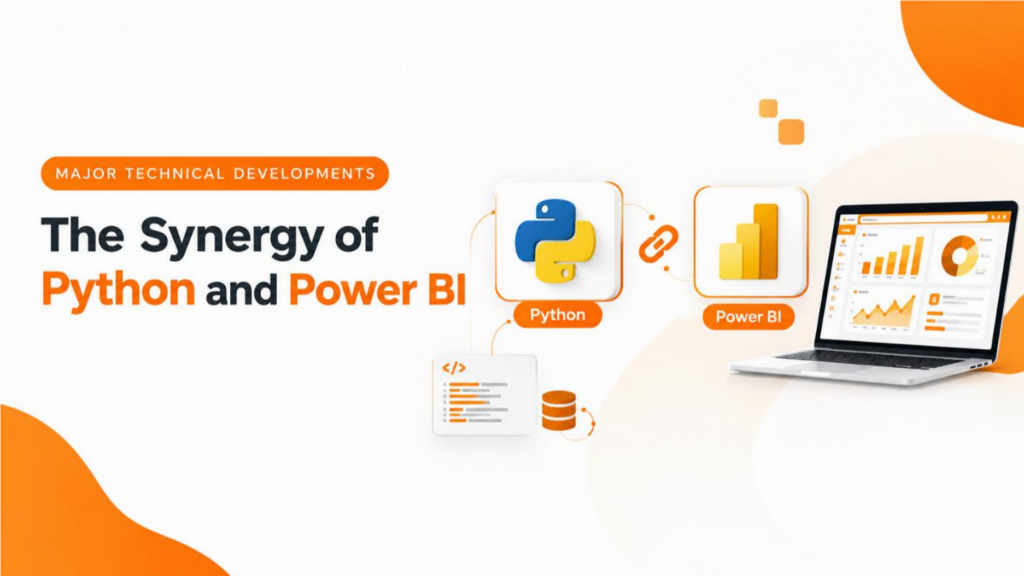 The synergy of Python and Power BI for data analytics (with logos of both), some code, a database and a laptop with interactive charts and dashboards.