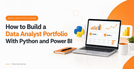 How to Build a Data Analyst Portfolio with Python and Power BI – TrainingYa guide featuring a laptop with analytics dashboards, charts and performance metrics.